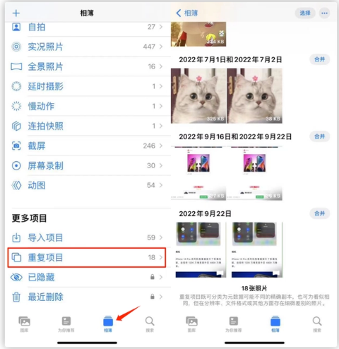 尉犁苹果手机维修分享iOS 16 中相册重复项目功能使用方法 