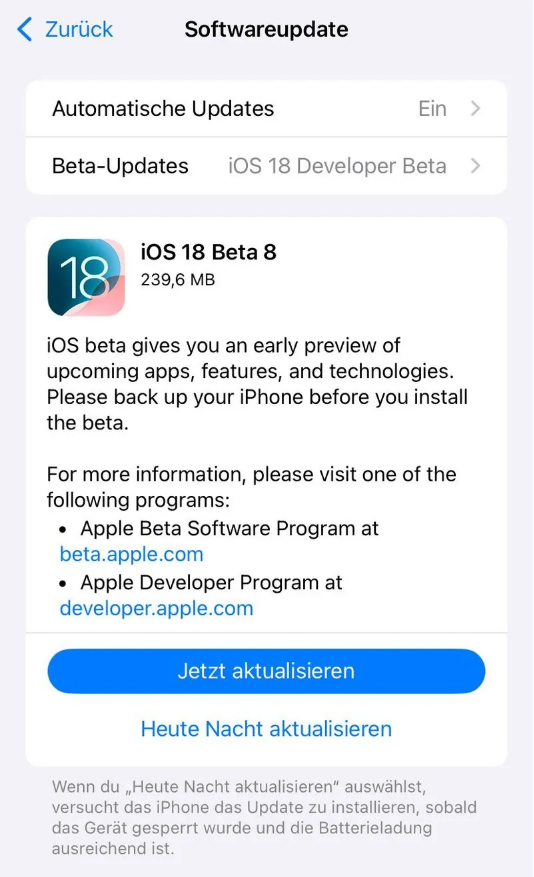 尉犁苹果手机维修分享苹果 iOS / iPadOS 18 开发者预览版 Beta 8 发布 